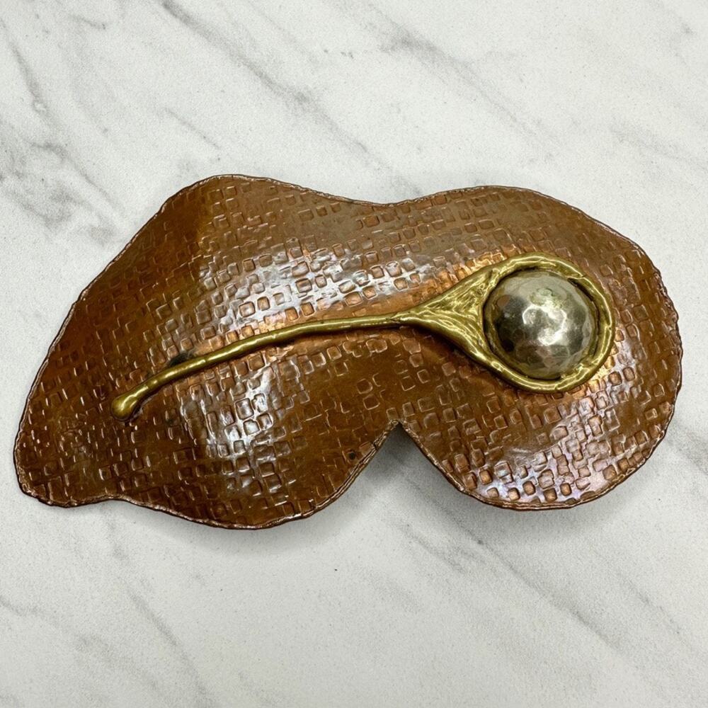 Vintage Brutalist Copper Tone Mixed Metal Artisan Belt Buckle Modernist 1970s ✨